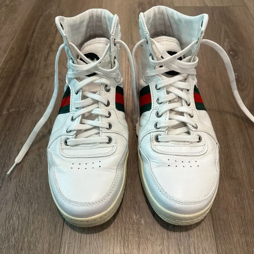 Vintage Leather Gucci High Top Sneakers Web Stripe Streetwear Size 43 / 10 US